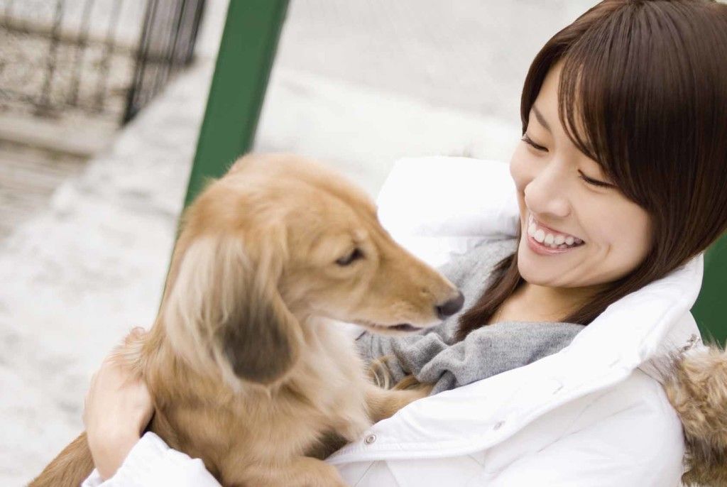 woman holding Miniature dachshund